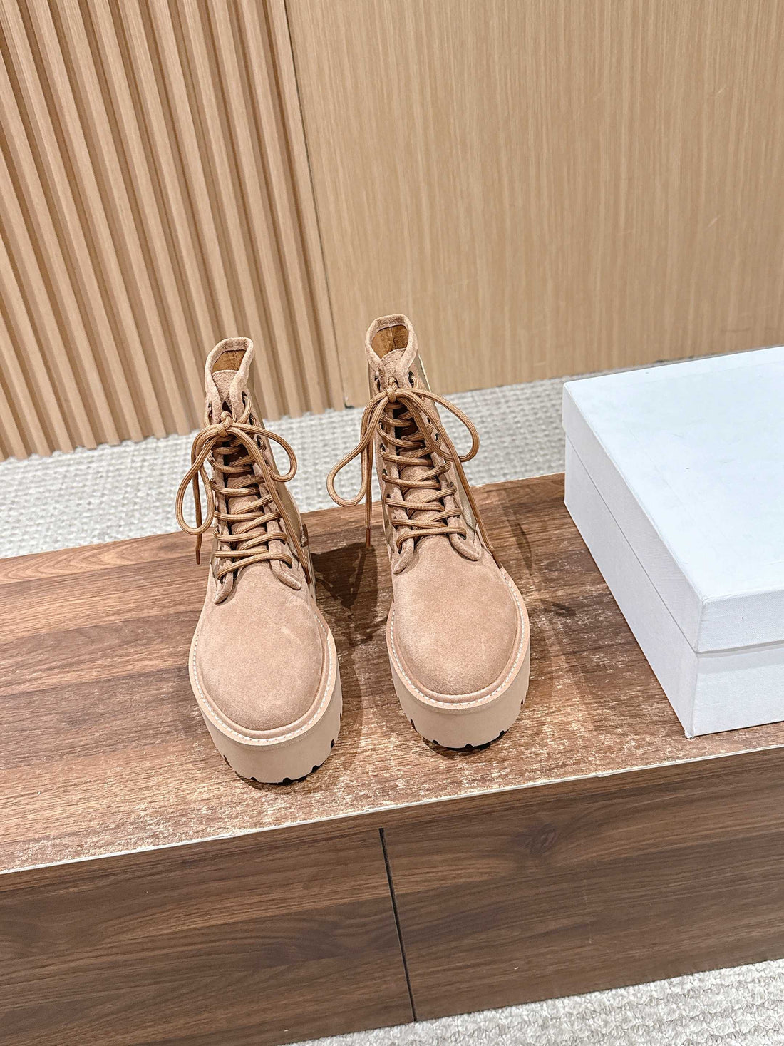 Celine 25 Bulky Lace-Up Boot Tan Suede 554012