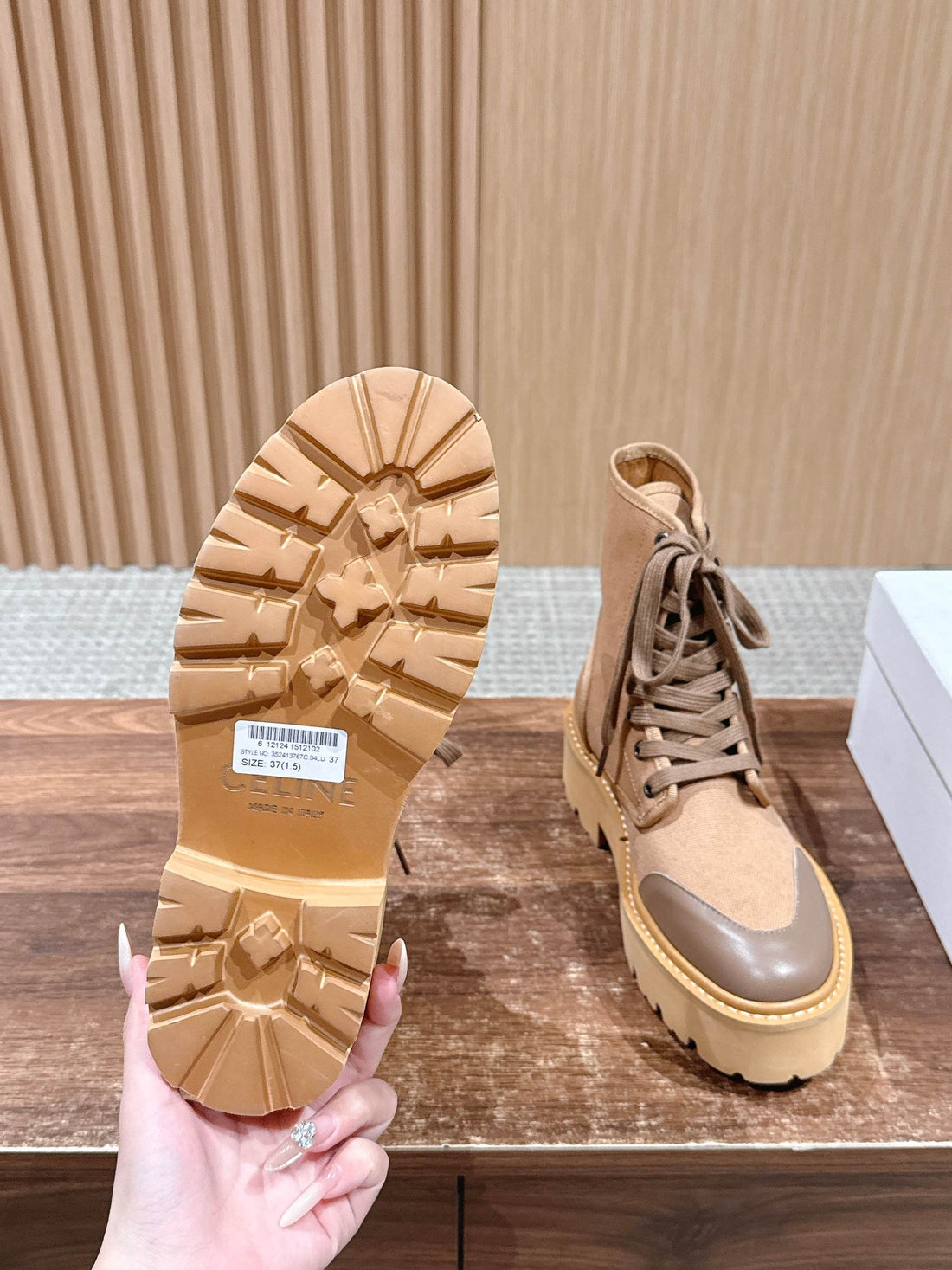 Celine 25 Bulky Lace-Up Boot Tan Canvas Calfskin 554014
