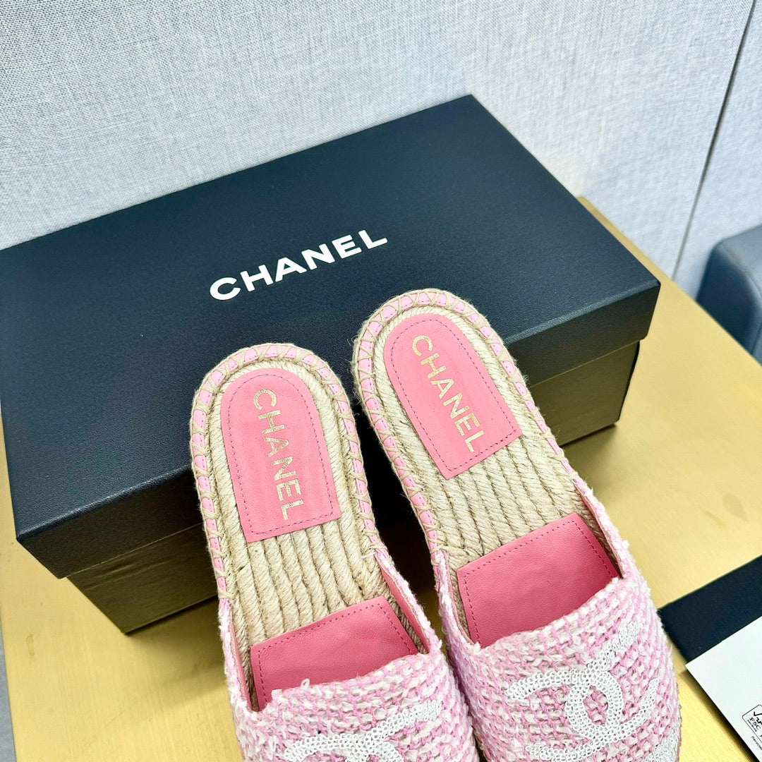 Espadrilles Mule Pink White Tweed Cotton White Sequin