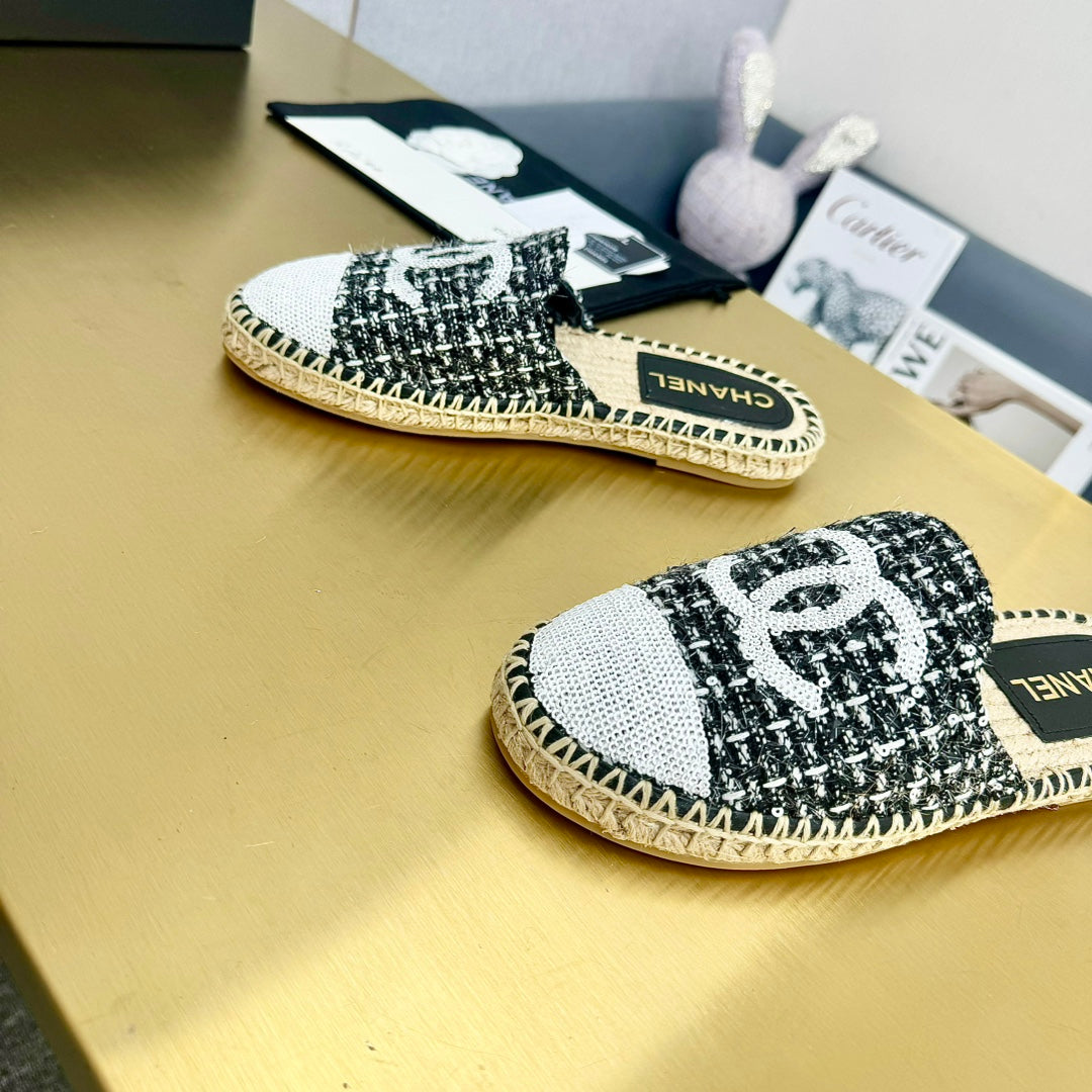 Espadrilles Mule Black White Tweed White Sequin