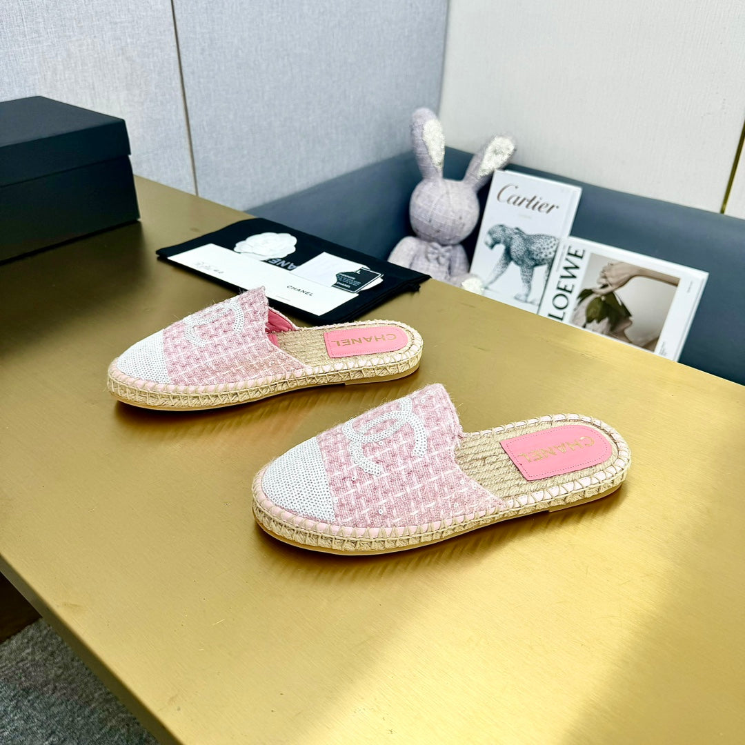 Espadrilles Mule Pink Wool White Sequin