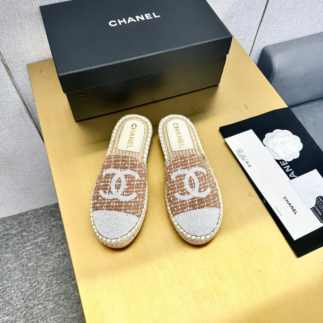Espadrilles Mule Brown Wool White Sequin