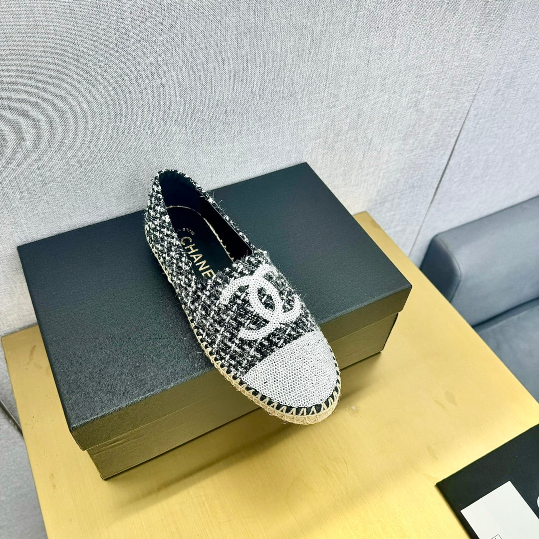 Espadrilles White Black Tweed White Sequin