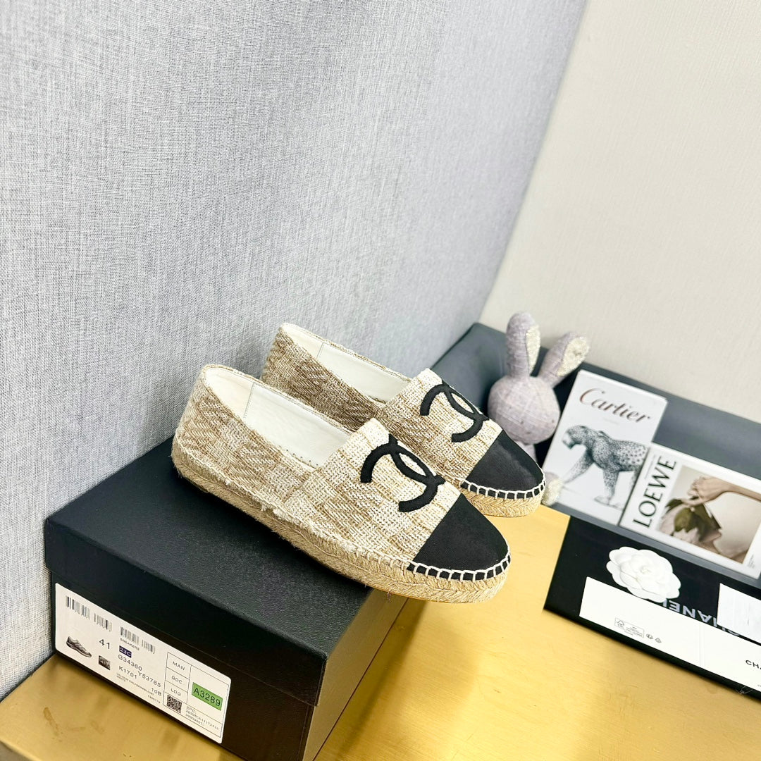 Espadrilles Beige Cream Wool Black Grosgrain