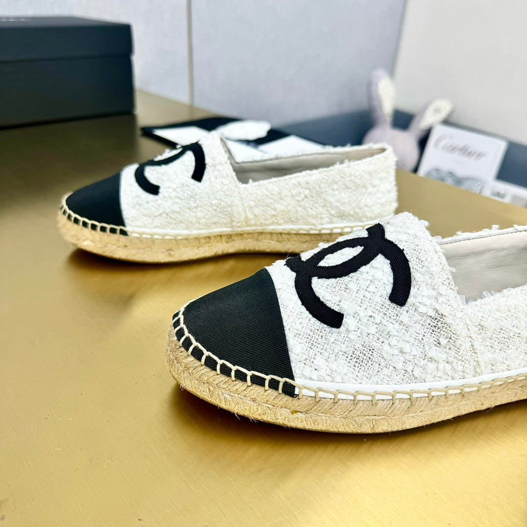 Espadrilles White Tweed Cotton Black Grosgrain