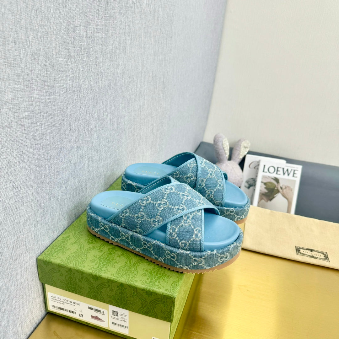 GG Slide Sandal Sky Canvas Cross Straps