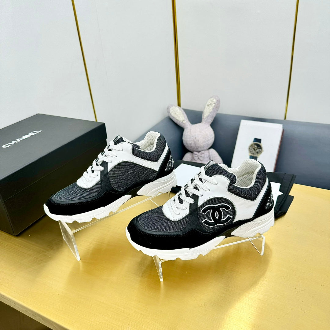 CC Womens Sneaker In White Black Wool Tweed And Black Suede Calfskin 137606