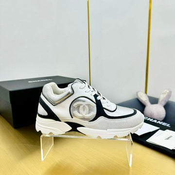 CC Womens Sneaker In Silver Wool Tweed And White Black Suede Calfskin 137610