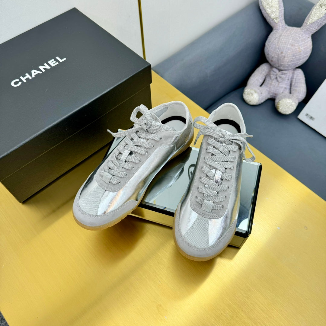 CC Sneaker In Silver Gray Calfskin And Suede
