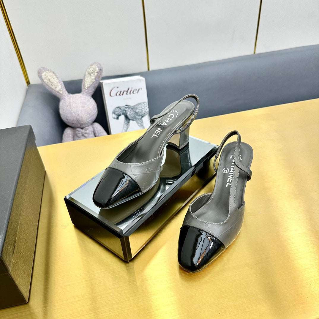 CC Slingback Pumps 65 In Grey Lambskin And Black Patent Calfskin 137435