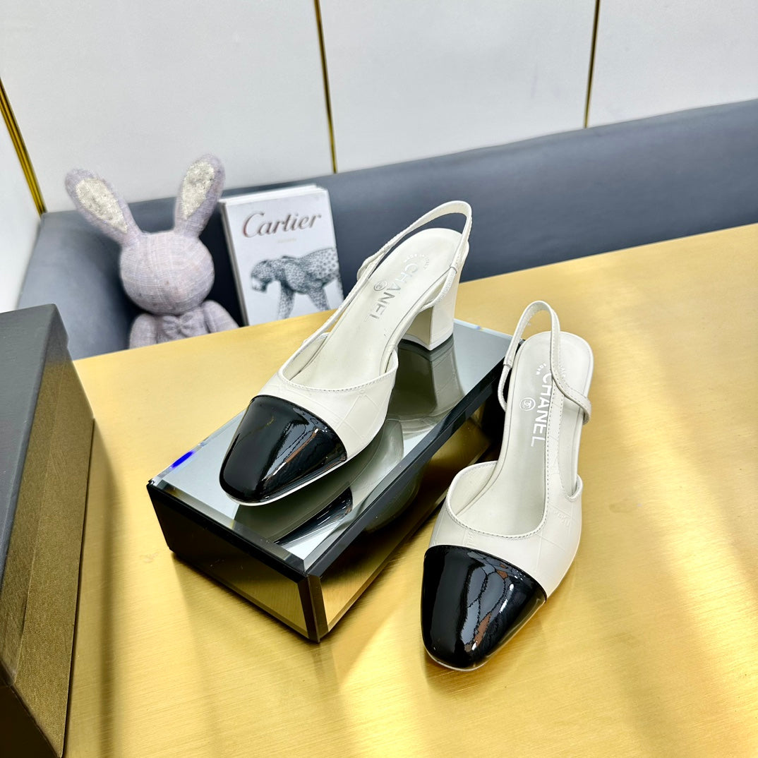CC Slingback Pumps 65 In Cream Lambskin And Black Patent Calfskin 137437