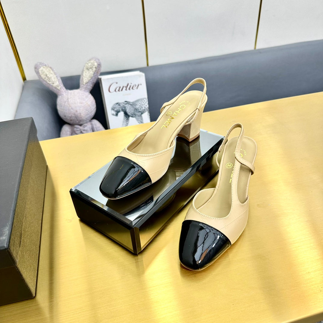 CC Slingback Pumps 65 In Beige Lambskin And Black Patent Calfskin