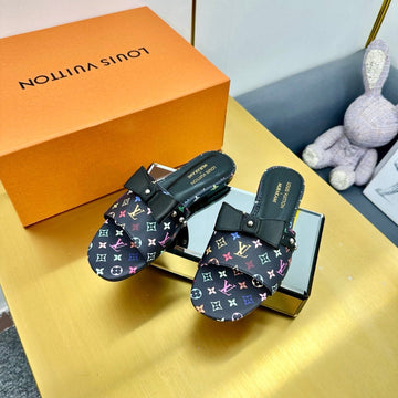 LV 25C LV X Tm 6AM Flat Mule Black Bow Mocha Black With Monogram Multicolore Leather 219951