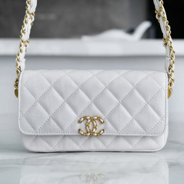 19 Flap Bag 18 White Bodin Calfskin Gold Hardware