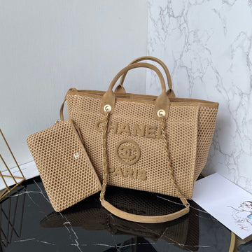 CC 25 Deauville Tote Bag 34CM Beige Crochet Suede