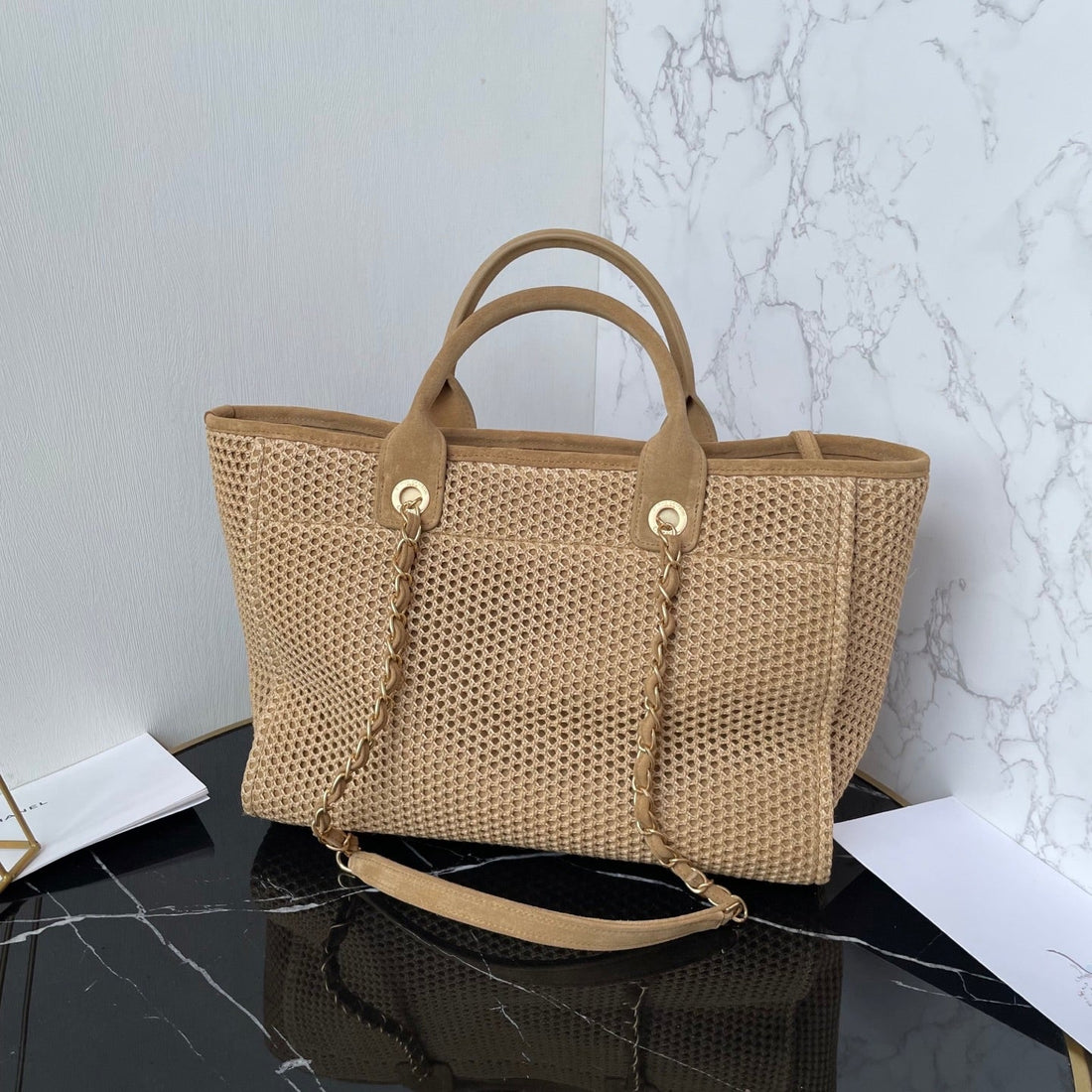CC 25 Deauville Tote Bag 34CM Beige Crochet Suede