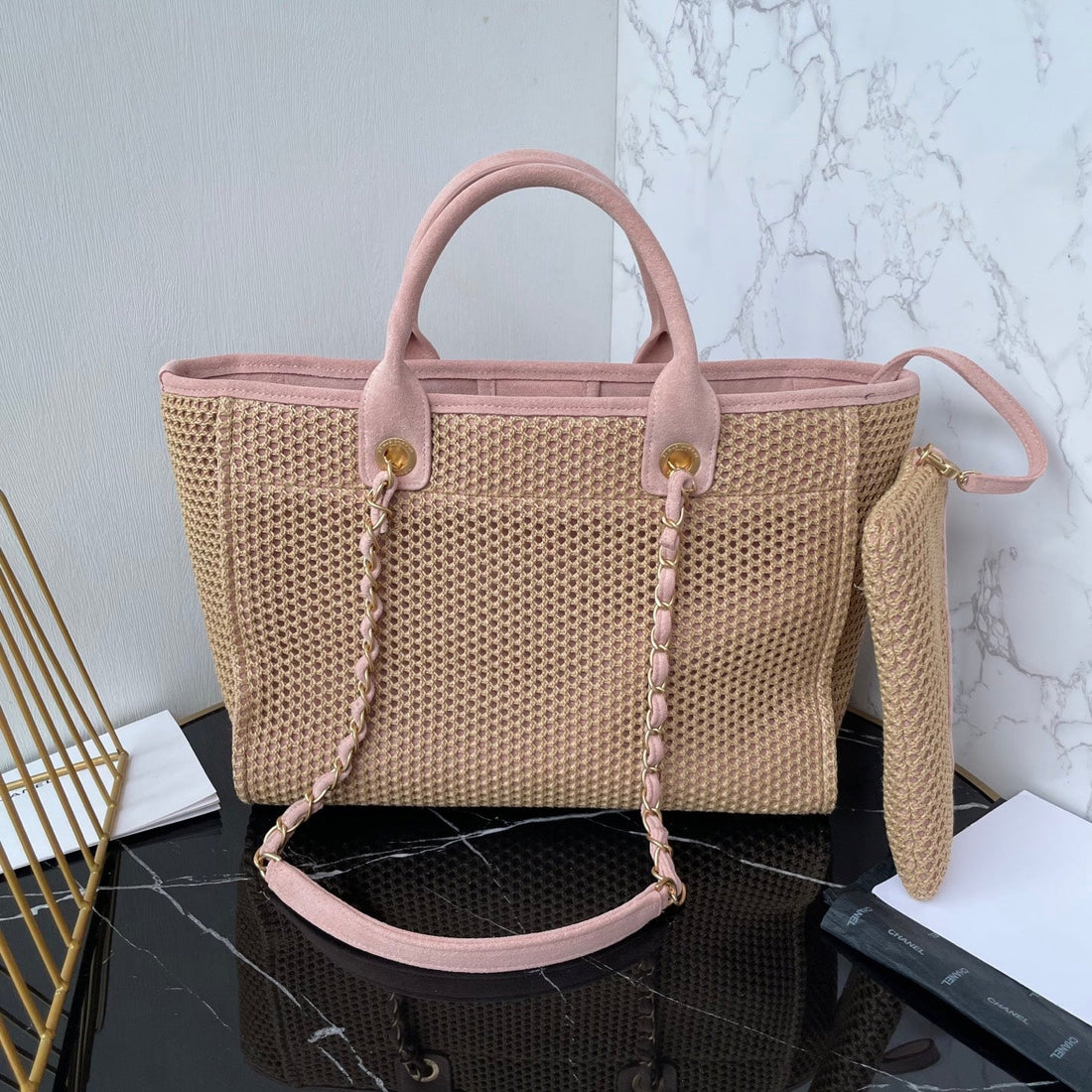 CC 25 Deauville Tote Bag 34CM Beige Pink Crochet Suede