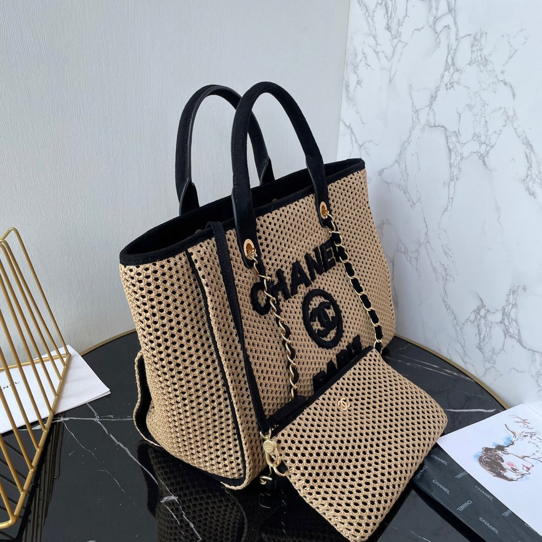 CC 25 Deauville Tote Bag 34CM Beige Black Crochet Suede