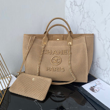 CC 25 Deauville Tote Bag 38CM Beige Crochet Suede