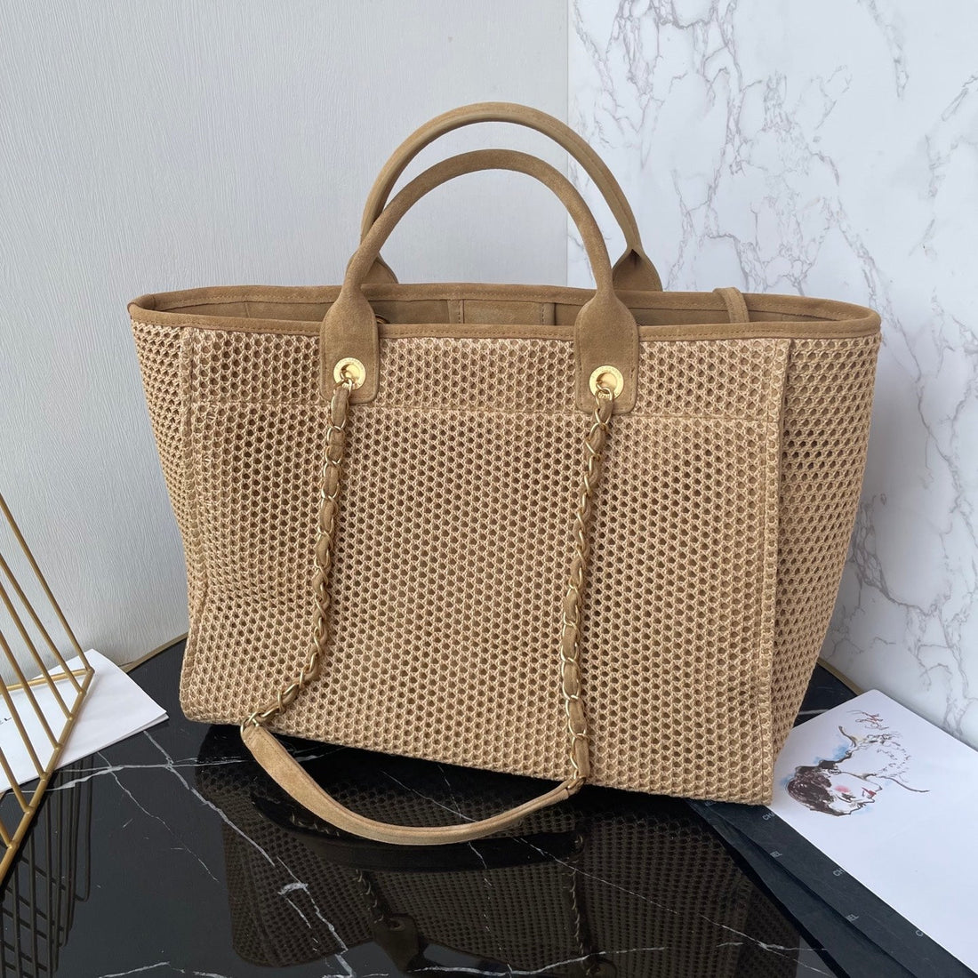 CC 25 Deauville Tote Bag 38CM Beige Crochet Suede