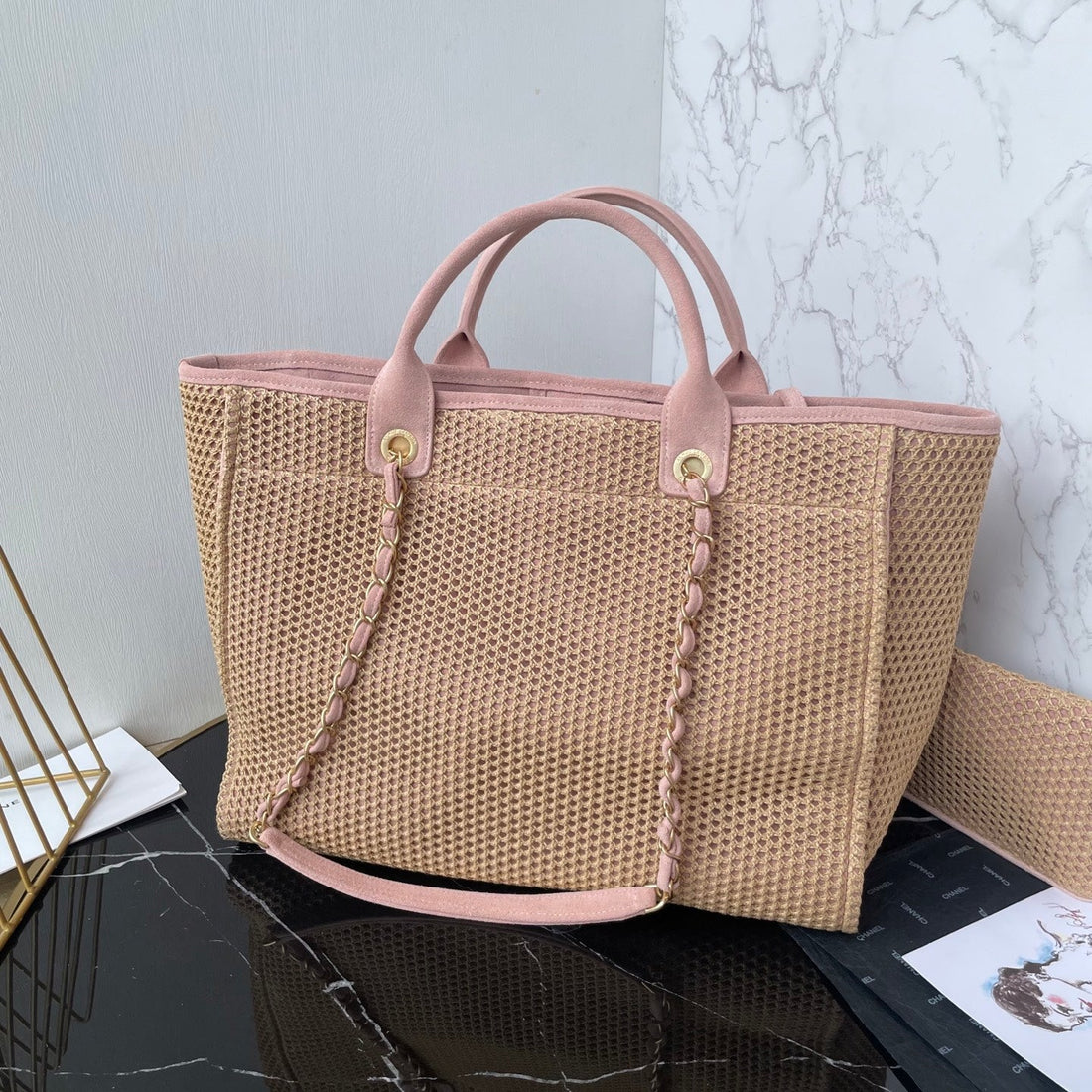 CC 25 Deauville Tote Bag 38CM Beige Pink Crochet Suede