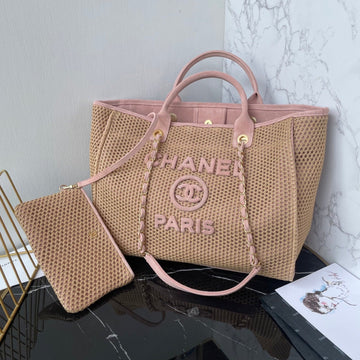 CC 25 Deauville Tote Bag 38CM Beige Pink Crochet Suede