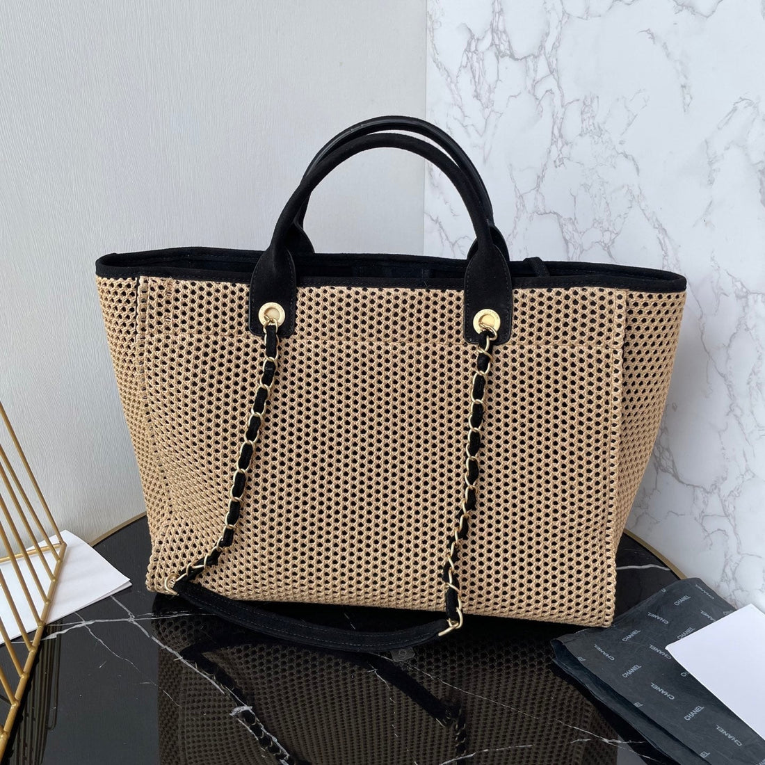 CC 25 Deauville Tote Bag 38CM Beige Black Crochet Suede