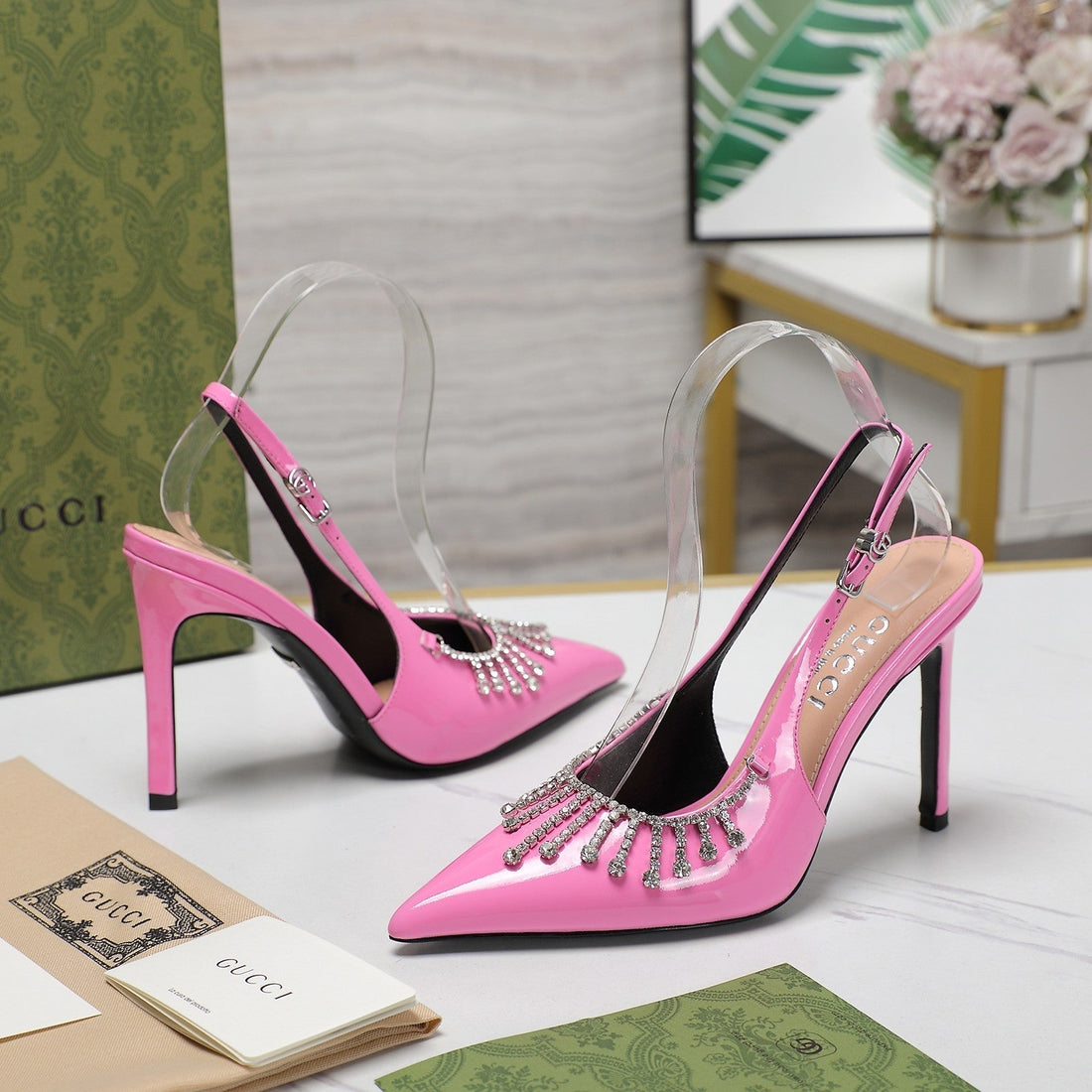 GG Crystal High Heel Sandal Bright Pink Lambskin