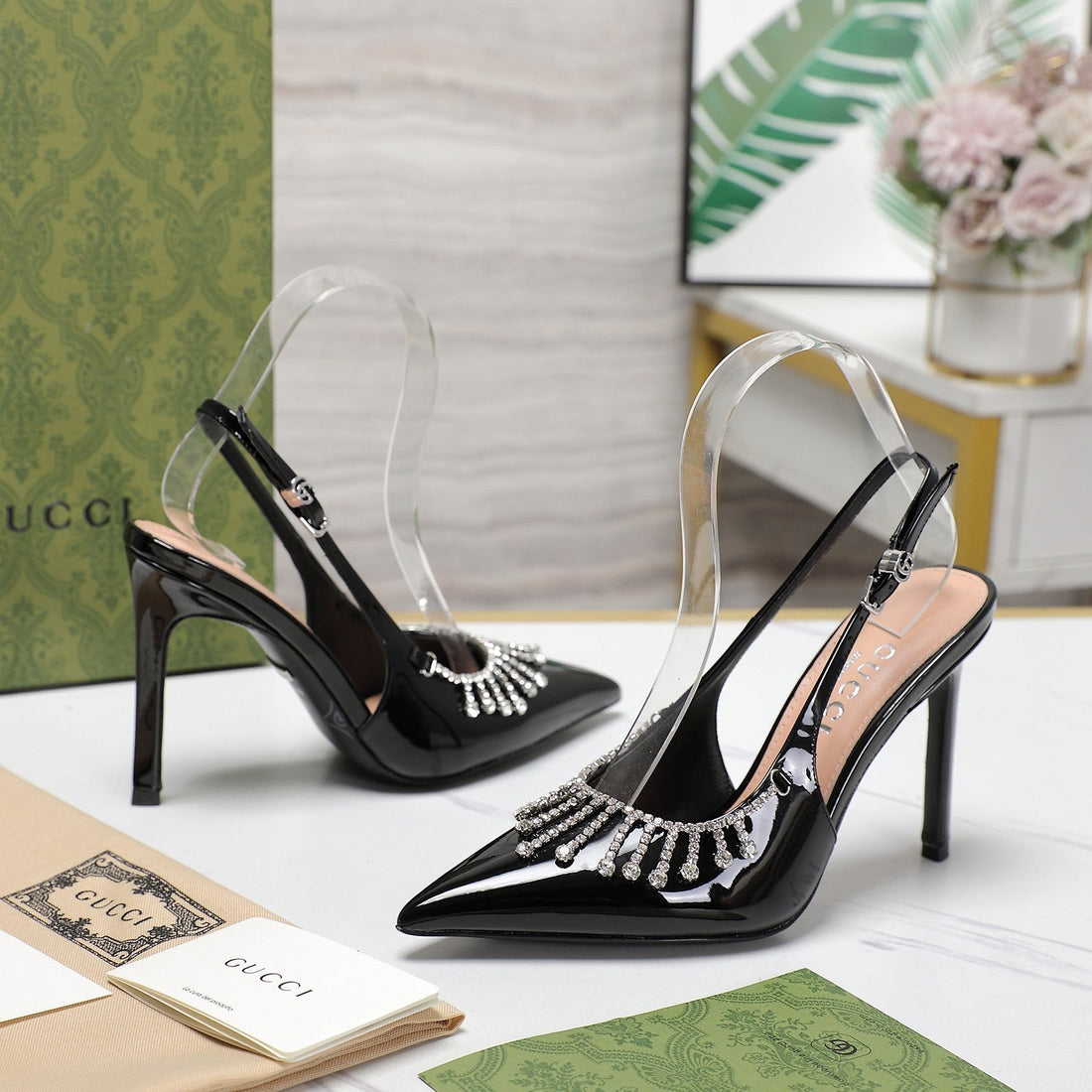 GG Crystal High Heel Sandal Black Lambskin
