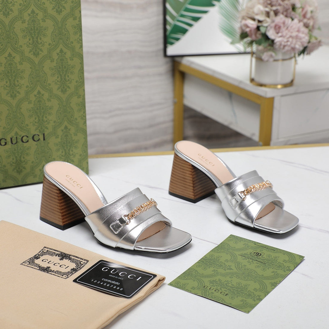 GG High Heels Half Slippers Silver