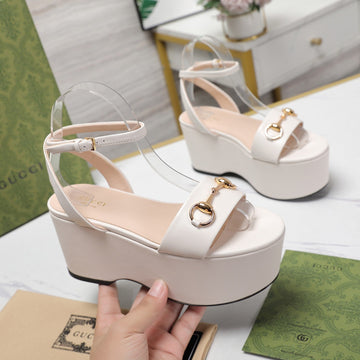 GG Horsebit Wedges Sandals White