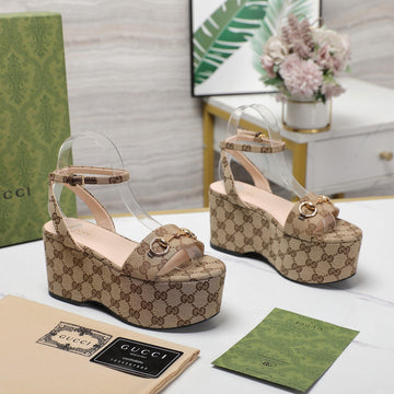 GG Horsebit Wedges Sandals Brown