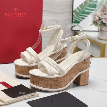 Valentino Garavani Vlogo Summerblocks Wedge Sandals 115MM White Mix Brown Cowhide And Nylon Rope 821111