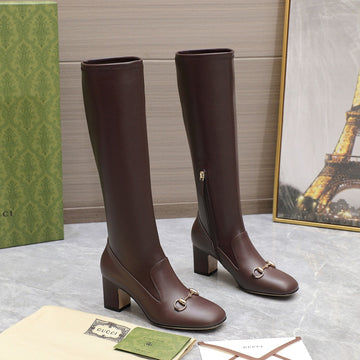GG Horsebit Knee High Boots In Dark Brown Sheepskin