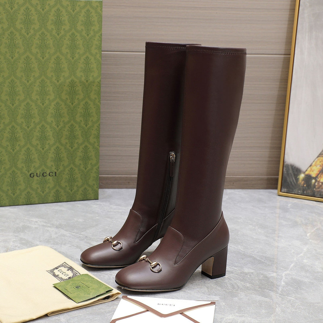 GG Horsebit Knee High Boots In Dark Brown Sheepskin