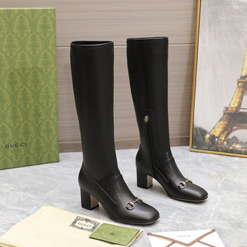 GG Horsebit Knee High Boots In Black Sheepskin