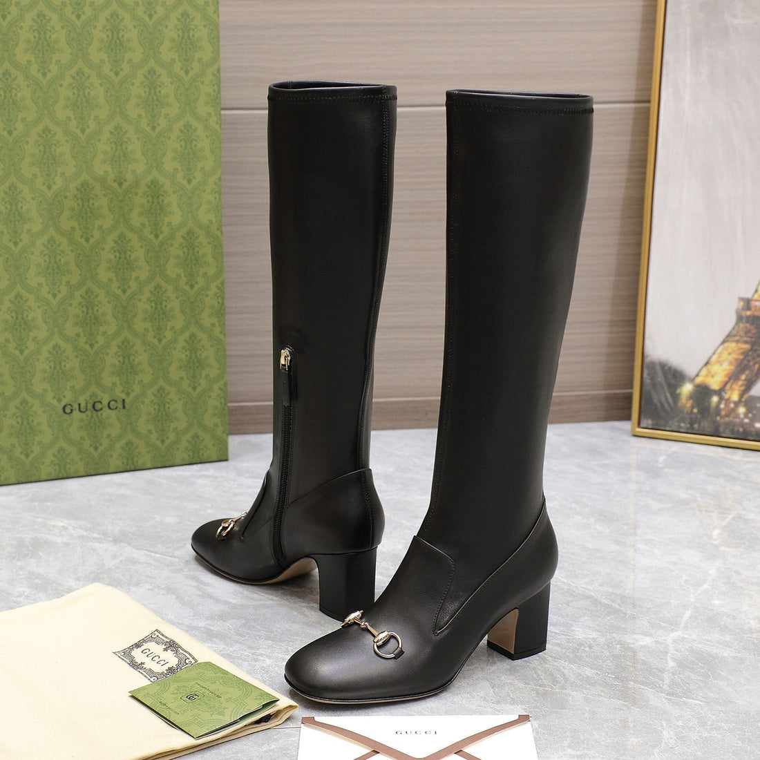 GG Horsebit Knee High Boots In Black Sheepskin