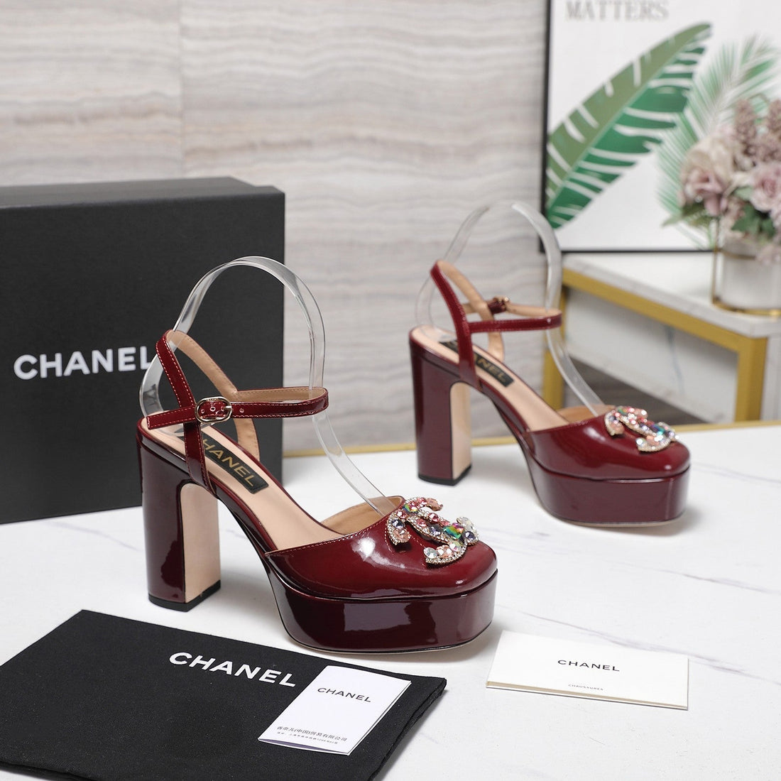 CC 25S Multicolor Stones Buckle Sandals 110MM Burgundy Patent Leather & Sheepskin 425826