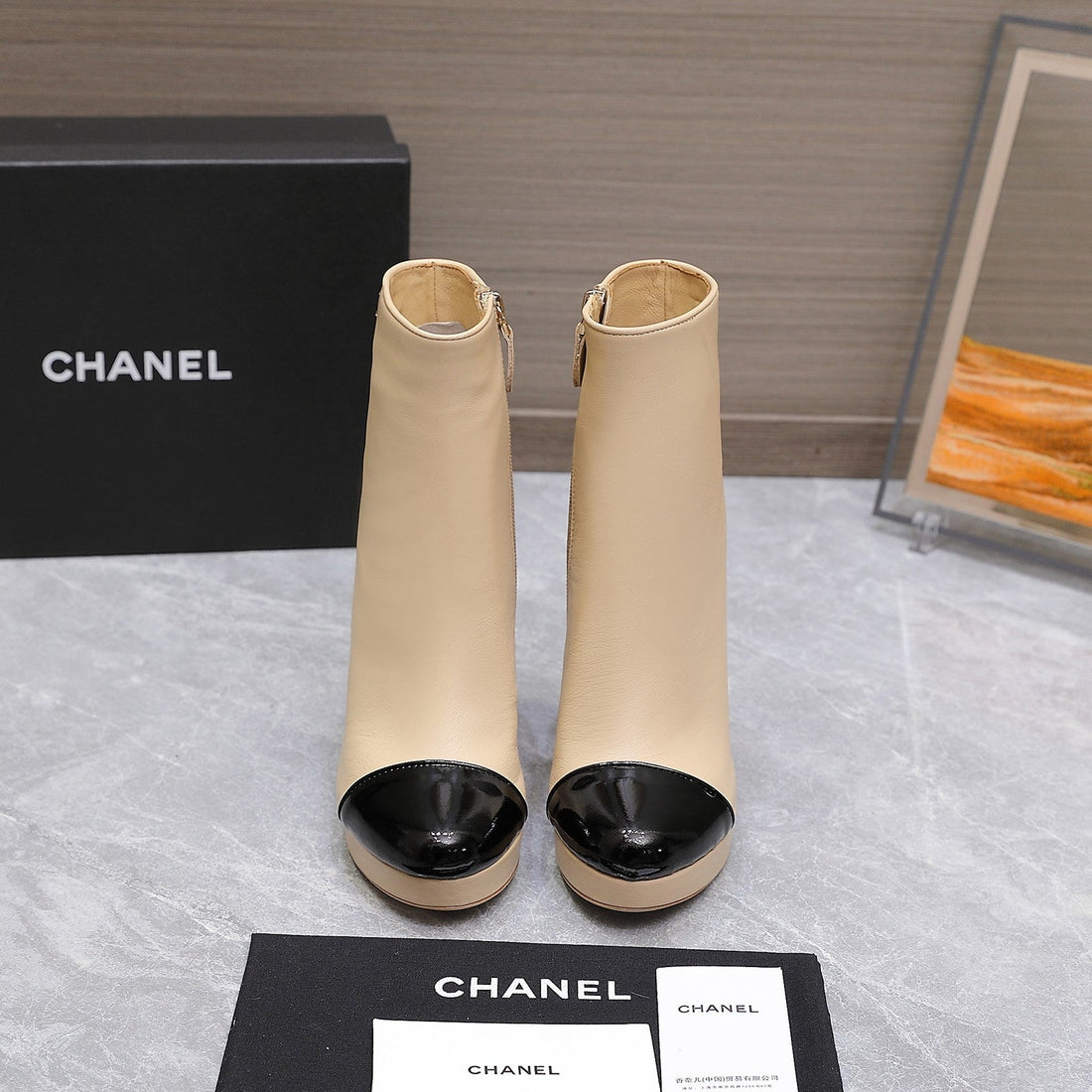 CC Platform Ankle Boots 100MM Black Beige Lambskin 425877