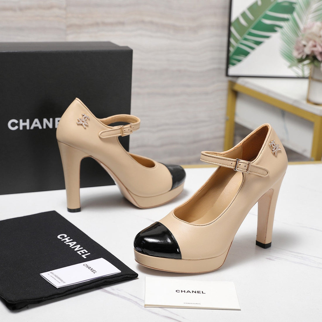 CC Buckle Platform Pumps 100MM Black Beige Lambskin 425880