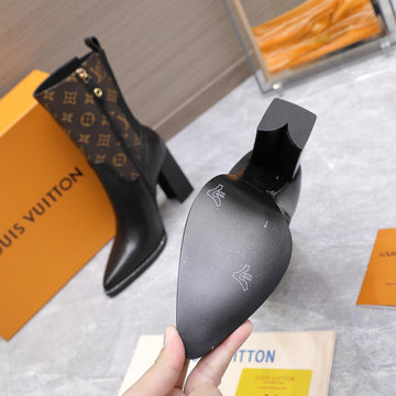 Lvx Silhouette Ankle Boot 95MM Brown Black Calfskin & Monogram Canvas 425688