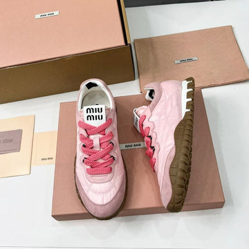 Miu Tyre Sneakers Pink Brown Suede Technical Fabric 456328