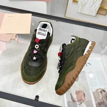 Miu Tyre Sneakers With Decorative Buckle Olive Green Suede Technical Fabric 456336
