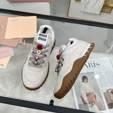 Miu Tyre Sneakers With Decorative Buckle White Suede Technical Fabric 456337