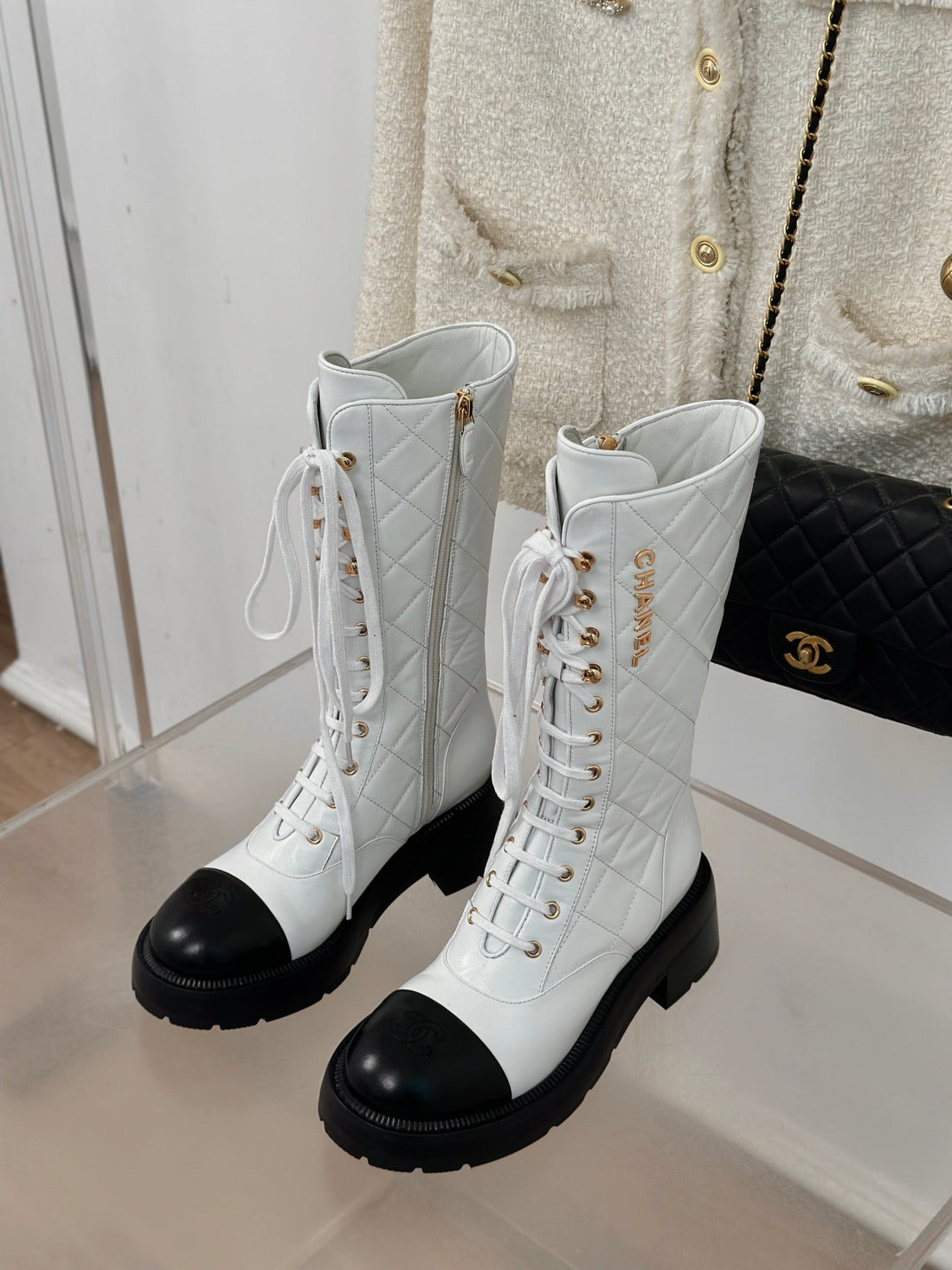 CC High Boots 50MM White Quilted Calfskin