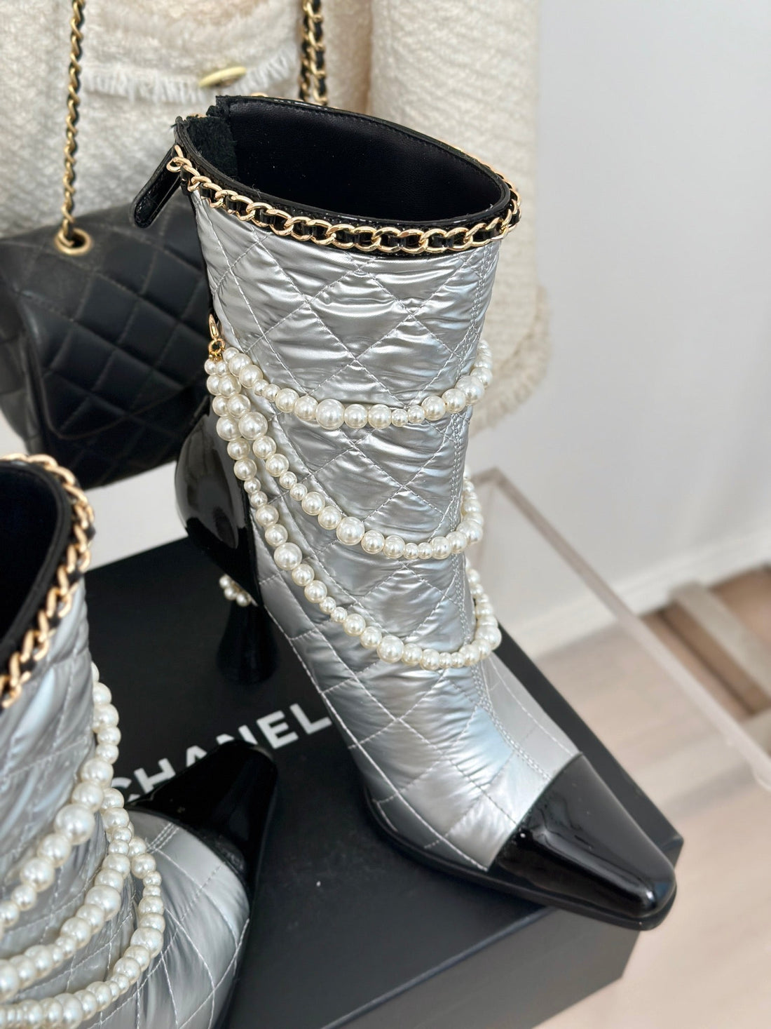 CC Short Boots 80MM Silver Wrinkled Quilted Calfskin
