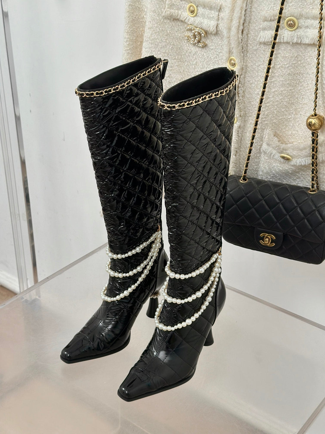 CC High Boots 80MM Glossy Black Wrinkled Quilted Calfskin