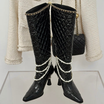 CC High Boots 80MM Glossy Black Wrinkled Quilted Calfskin