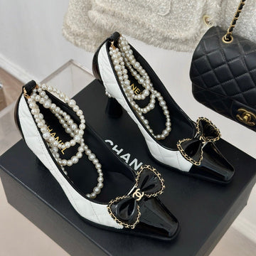 CC High Heels 80MM White Black Bow Quilted Calfskin