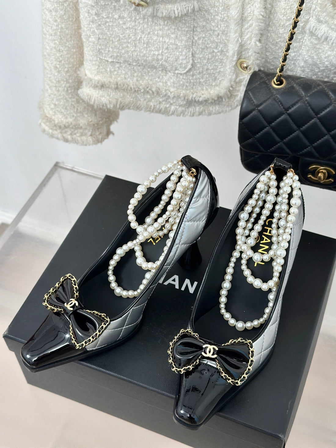 CC High Heels 80MM Grey Black Bow Quilted Calfskin